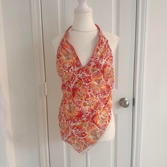 Patterned Halter V Neck Plunging Chest Area + Backless Tie Up Top Women’s Size L - Picture 1 of 3